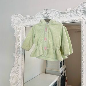 Vintage Girls Kids Green Hooded Fleece Sweatshirt Jacket w Pink Flower Detailing